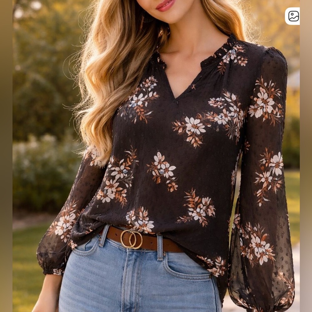Hilary Radley Black Floral V-Neck Long Sleeve Blouse Size XL